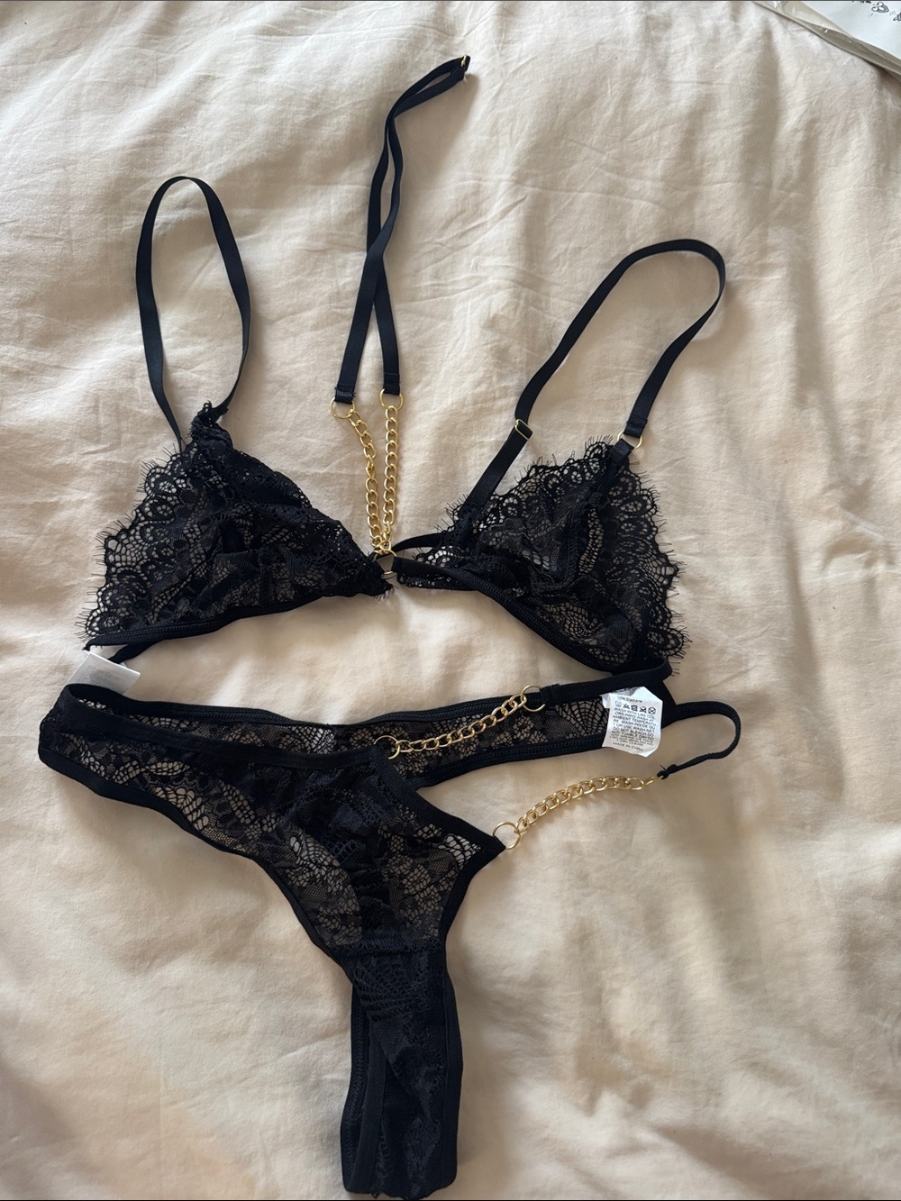 Black Lace Bralette & Thong Set with Gold Chain Accents
